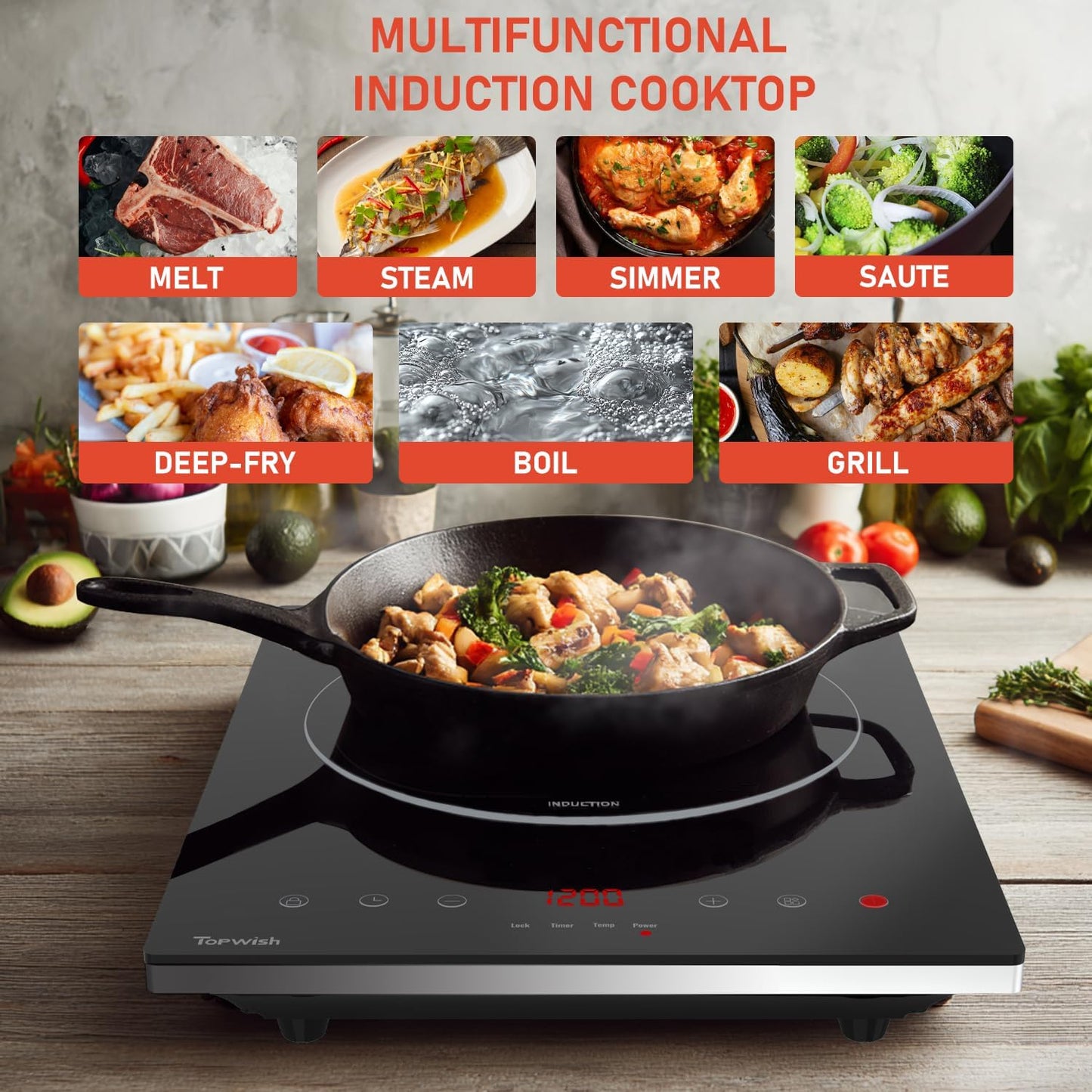 Induction Cooktop, TOPWISH Portable Hot Plate Electric Induction Burner, 10 Temp Levels up to 464°F, 110-120V Electric Stove Top Cooker with High Energy Efficiency & Kids Lock for Cooking, 1600W