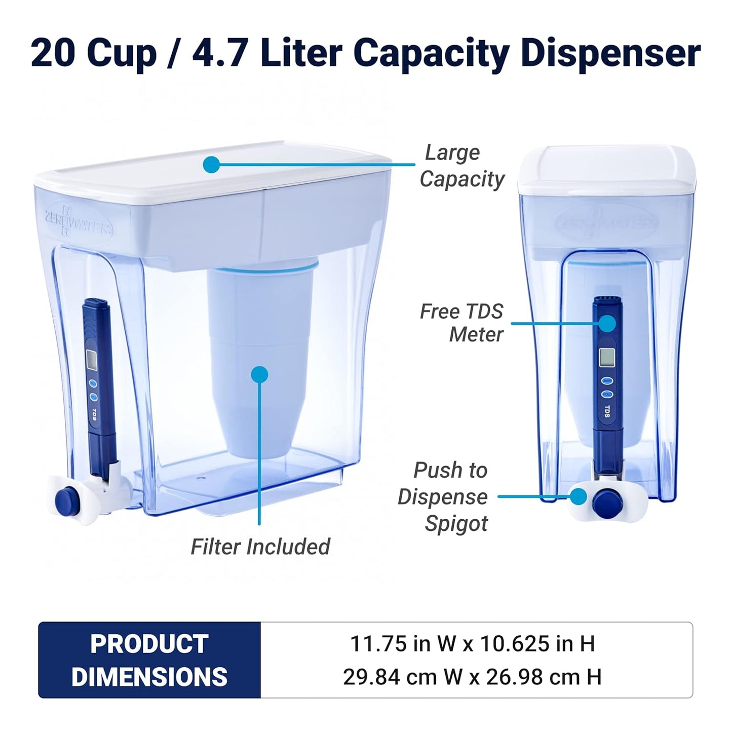 ZeroWater 20-Cup Ready-Pour 5-Stage Water Filter Dispenser with 0 TDS Water Filter – IAPMO Certified to Reduce Lead, Chromium, and PFOA/PFOS