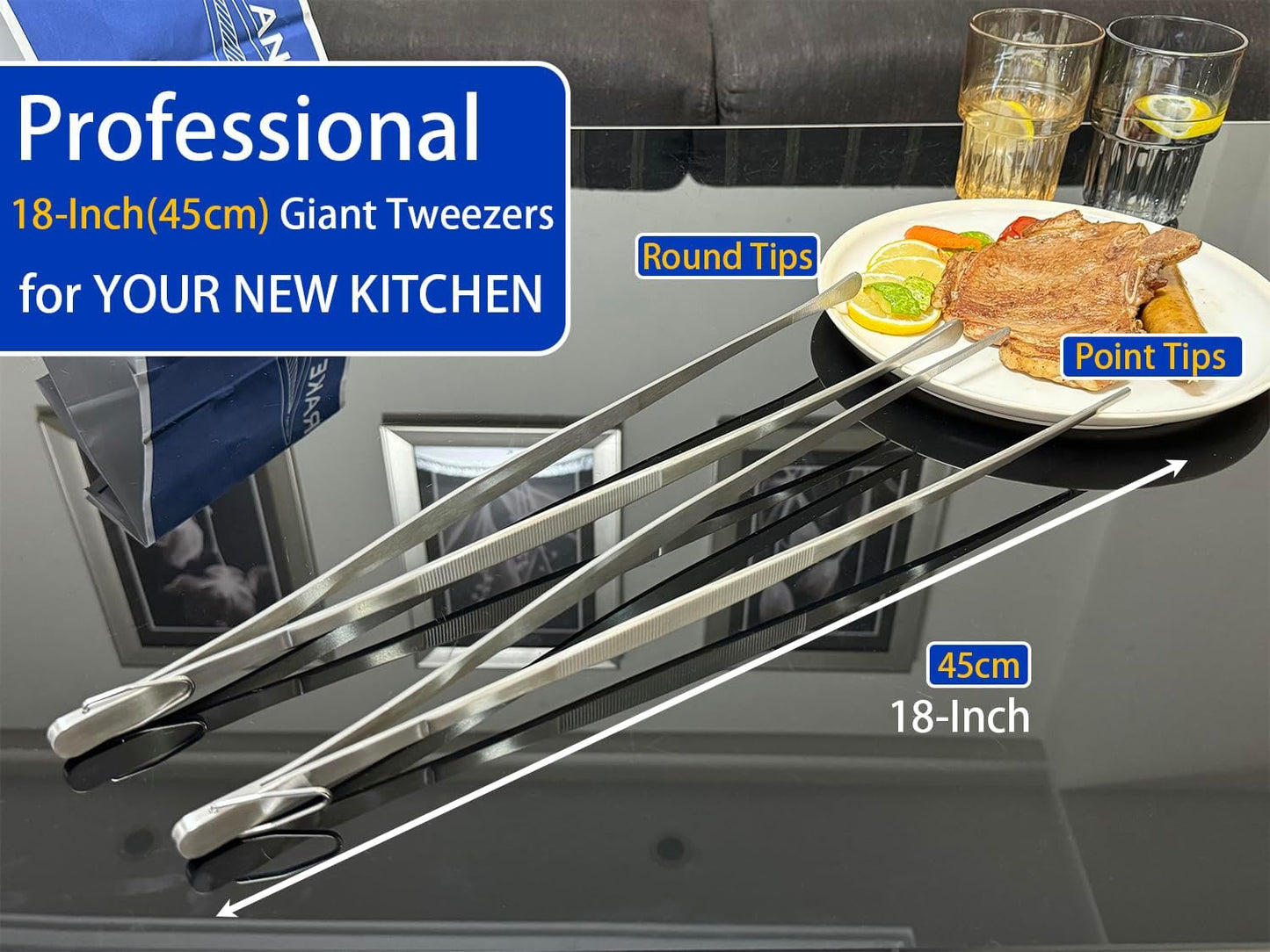 JETKONG 18 Inch (45cm) Extra Long Grill Tongs, Heavy Duty Stainless Steel Tweezer Tongs for Cooking, Grilling, Barbecue/BBQ, Buffet and Turning Food (Round Tips)