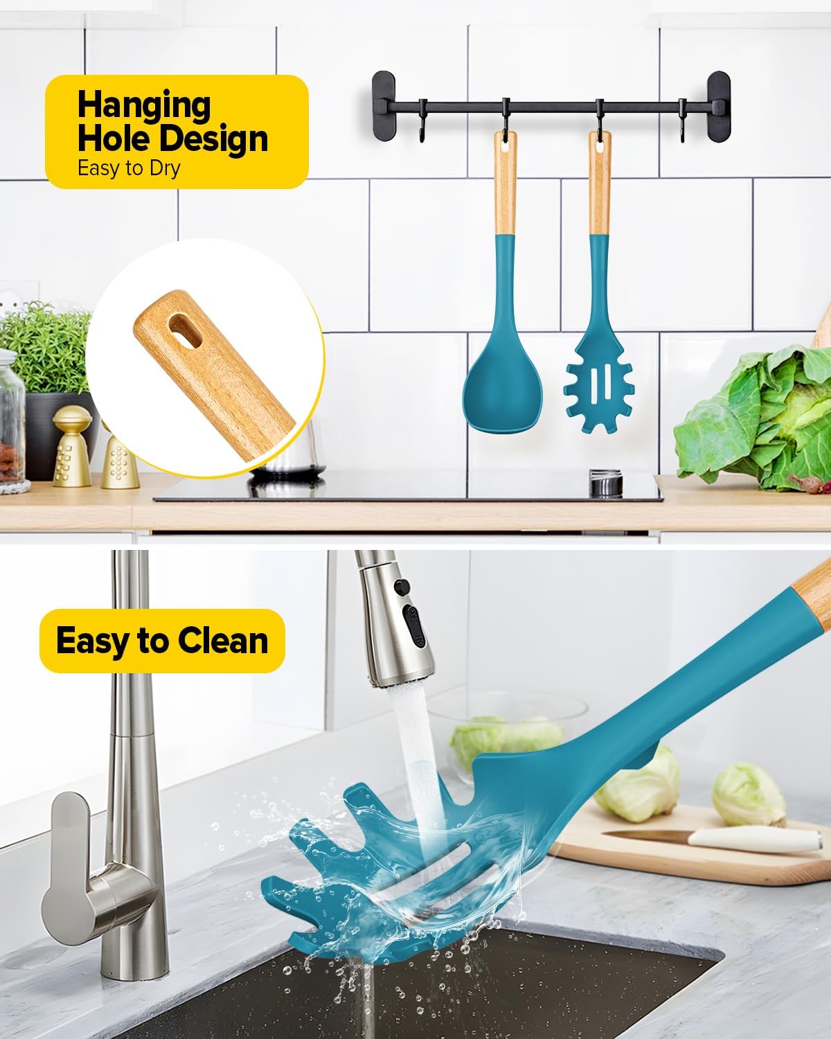 Silicone Soup Ladle and Spaghetti Spoon Set with Wooden Handle, Non Stick Heat Resistant Kitchen Utensils for Cooking, Stirring, Serving Pasta, Soup & Sauce(BLUE)