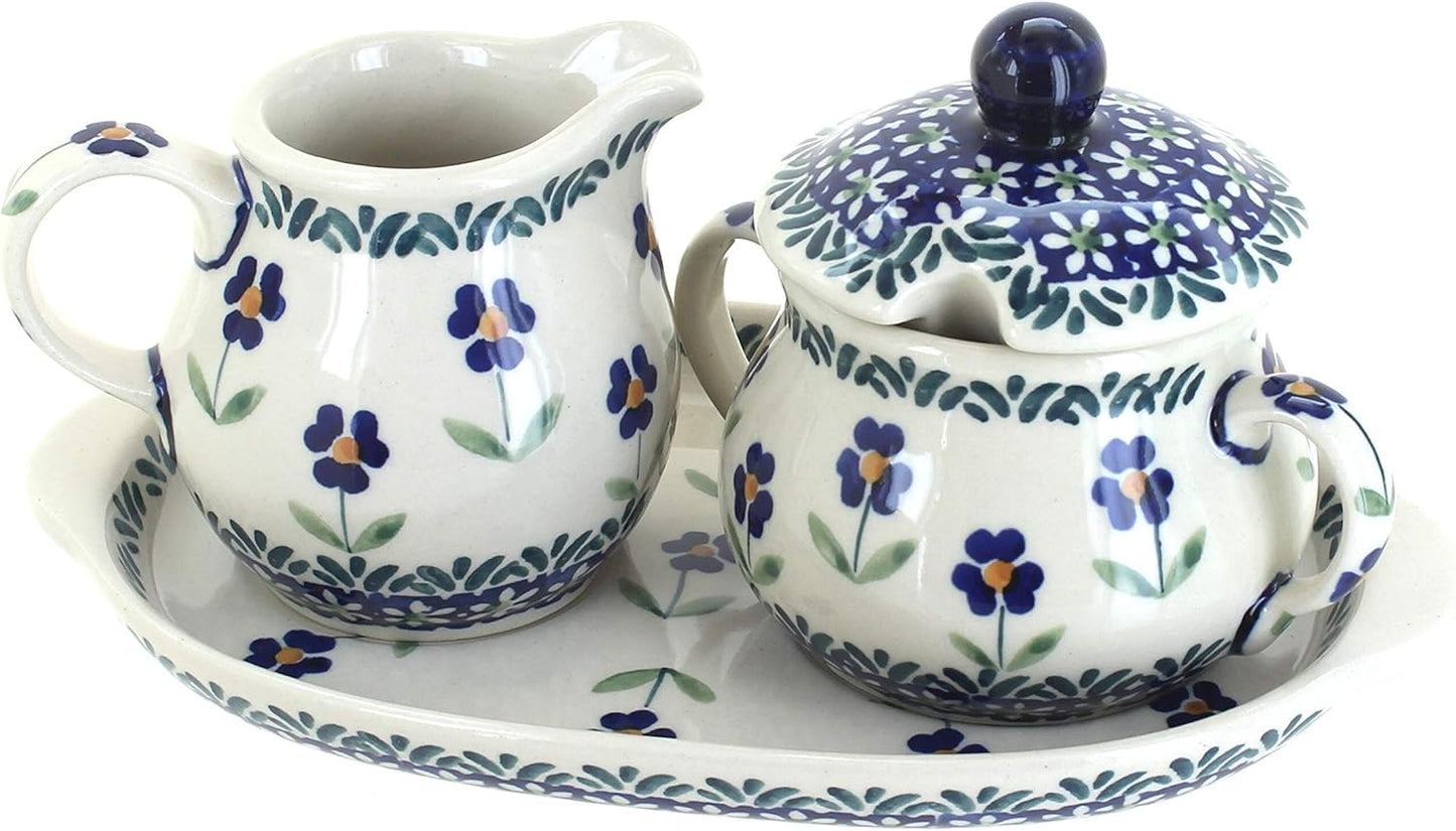 Blue Rose Polish Pottery Blue Daisy Sugar & Creamer with Tray