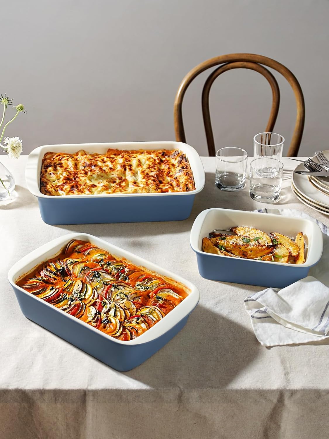LE TAUCI Deep Casserole Dishes for Oven, 13.7”x9.6” Ceramic Baking Dish Set with Roasting Racks, Large Lasagna Pans with Handles, Rectangular Bakeware as Gift for Mom, Dusty Blue (4.6QT/3.0QT/1.6QT), Set of 3