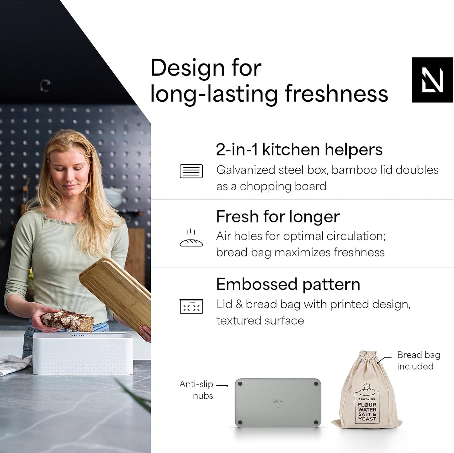 LARS NYSØM Bread Box I Metal Box with linen bag for long lasting freshness I Bread Bin with bamboo lid usable as cutting board I 13.4x7.3x5.3In (Ash Gray)