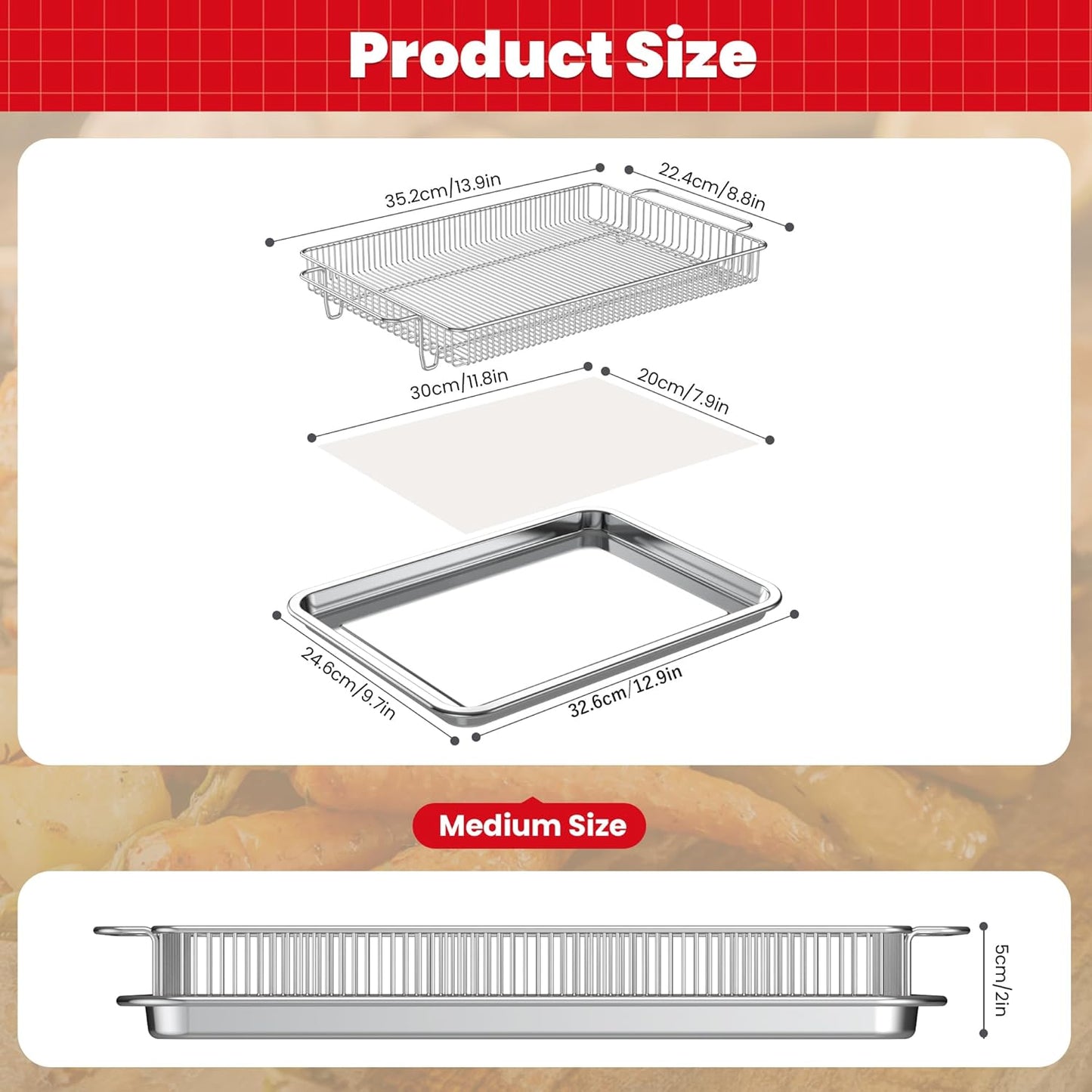 Air Fryer Basket for Oven,Air Fryer Basket and Stainless Steel Baking Tray Pant Oven with 50 Sheets Parchment Papers,Air Fryer Pan Rack for Cooking Baking Dishwasher and Broiling (1 Set M)