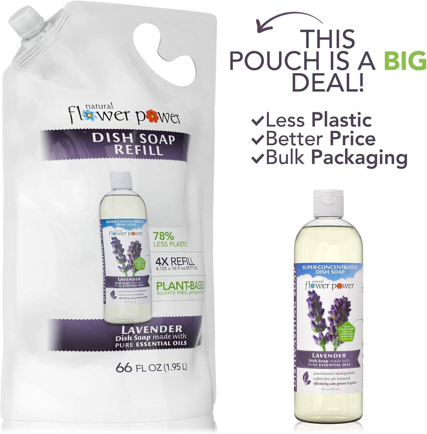 Liquid Dish Soap Refill – 66 Fl Oz Refills 4X – Plant-Based & Scented w/Pure Essential Oils – Natural Dishwashing Detergent – Sulfate-Free Kitchen Soap (Lavender)