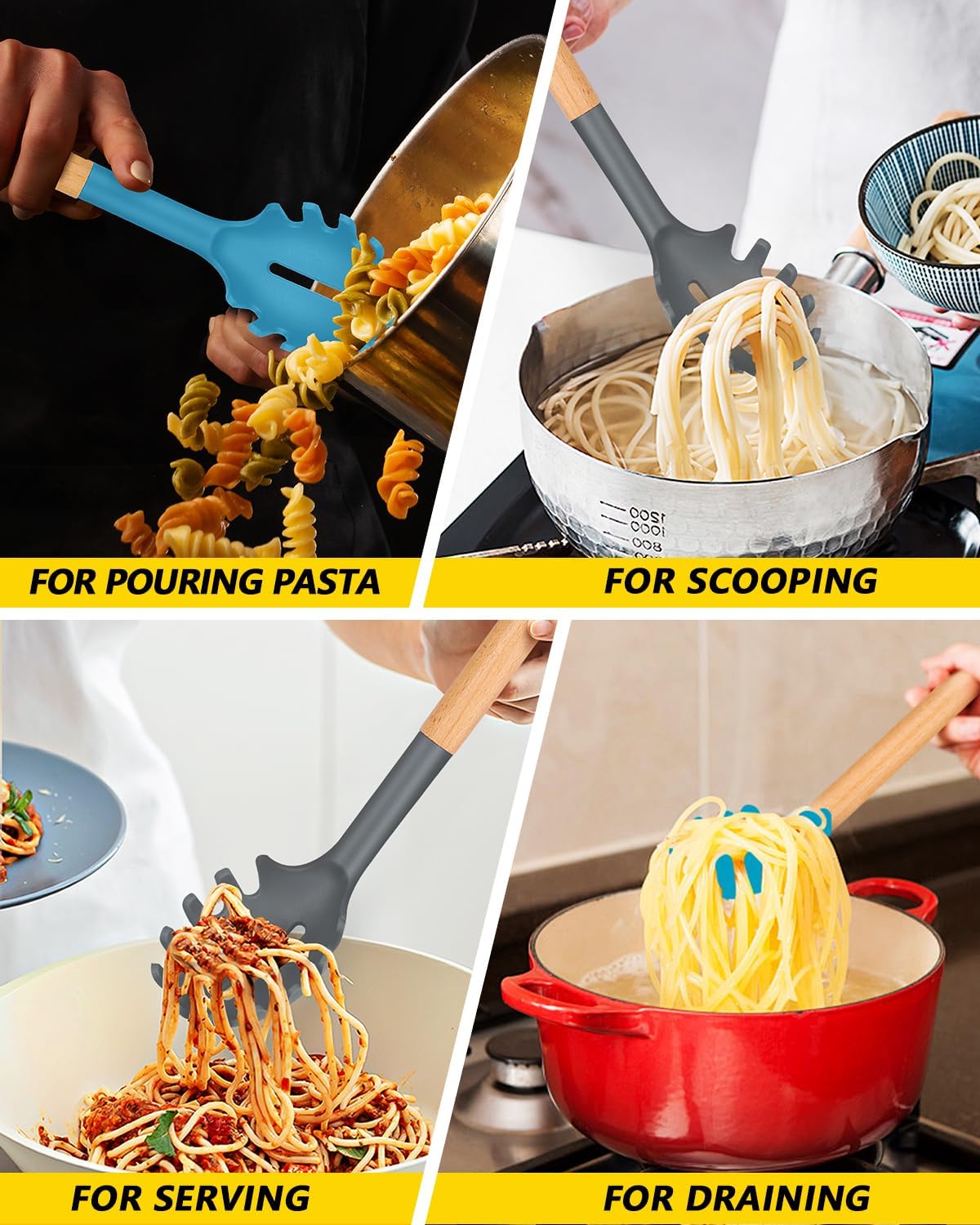 Pack of 2 Spaghetti Spoon, Silicone Pasta Fork with Wooden Handle, Heat Resistant Noodle Spoon Server, BPA Free Spaghetti Strainer(GRAY-BLUE)