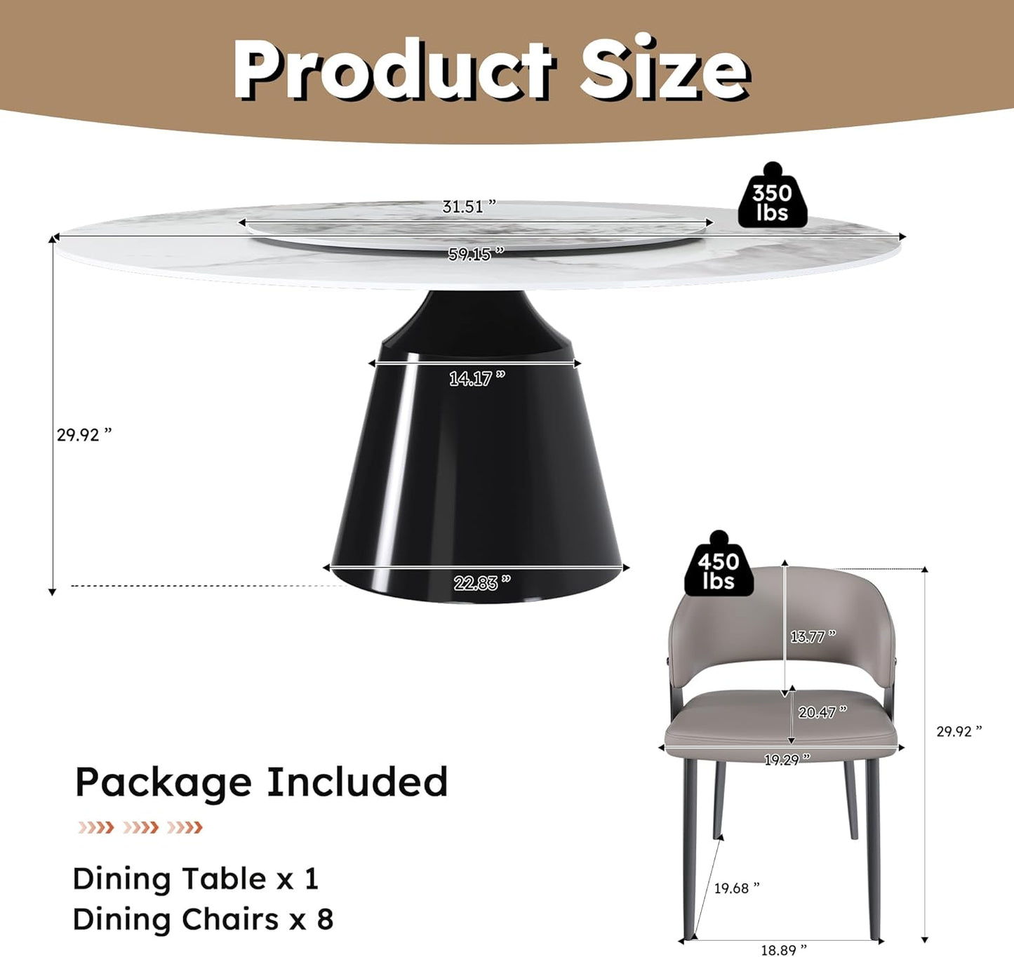 Montary 9 Piece Dining Table Chairs Set, Modern Dining Table Set of 8, Includes 59" D Marble Round Table with Black Metal Cone Base, 8 Gray Texture Dining Chairs for Home, Kitchen