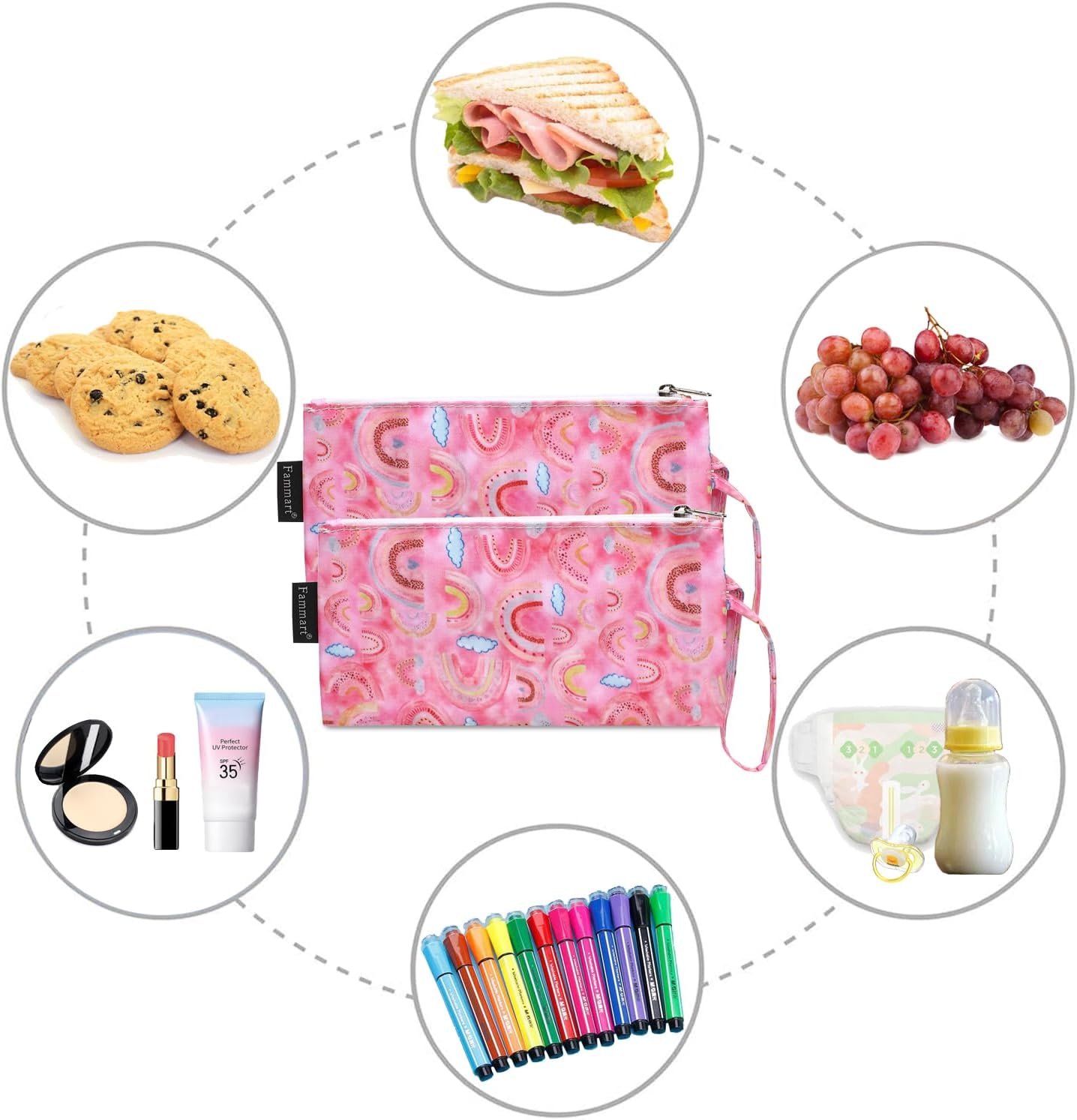 Reusable Sandwich Bag/Snack Bag for Kids & Adults, Dual Layer Lunch Bag with Handle, Washable, Food Safe, BPA Free (2-Pack, Rainbow)