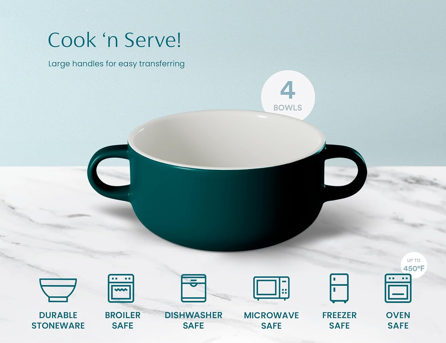 Kook Soup Crocks, Ceramic Bowls, Broil, Oven, Microwave and Dishwasher Safe, with Handles, For Casserole, Pasta, Cereal, 18 oz, Set of 4 (Hunter Green)