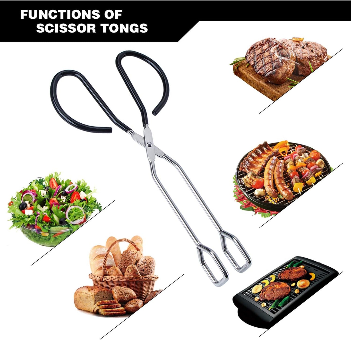 MSY BIGSUNNY Stainless Steel Scissor Tongs Heavy Duty Cooking Tongs with Soft Handles (2, black 10" + 10")