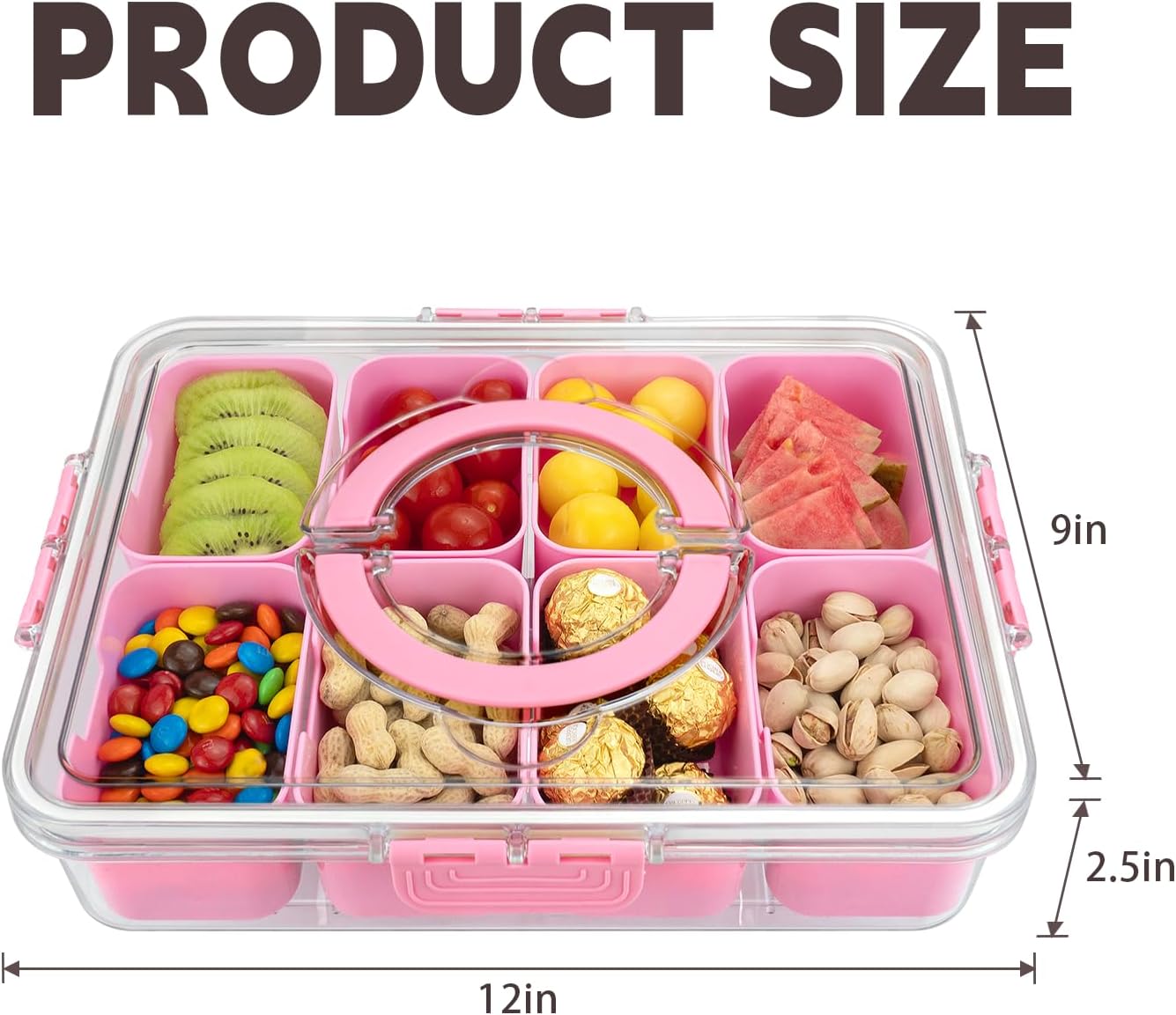 Divided Serving Tray with Lid and Handle,8 Compartments Snacks Box,Snack Fruit Tray,Veggie Tray,Portable Platter for Candy Fruits Nuts Snack Party Entertaining Picnic (2PCS Pink)