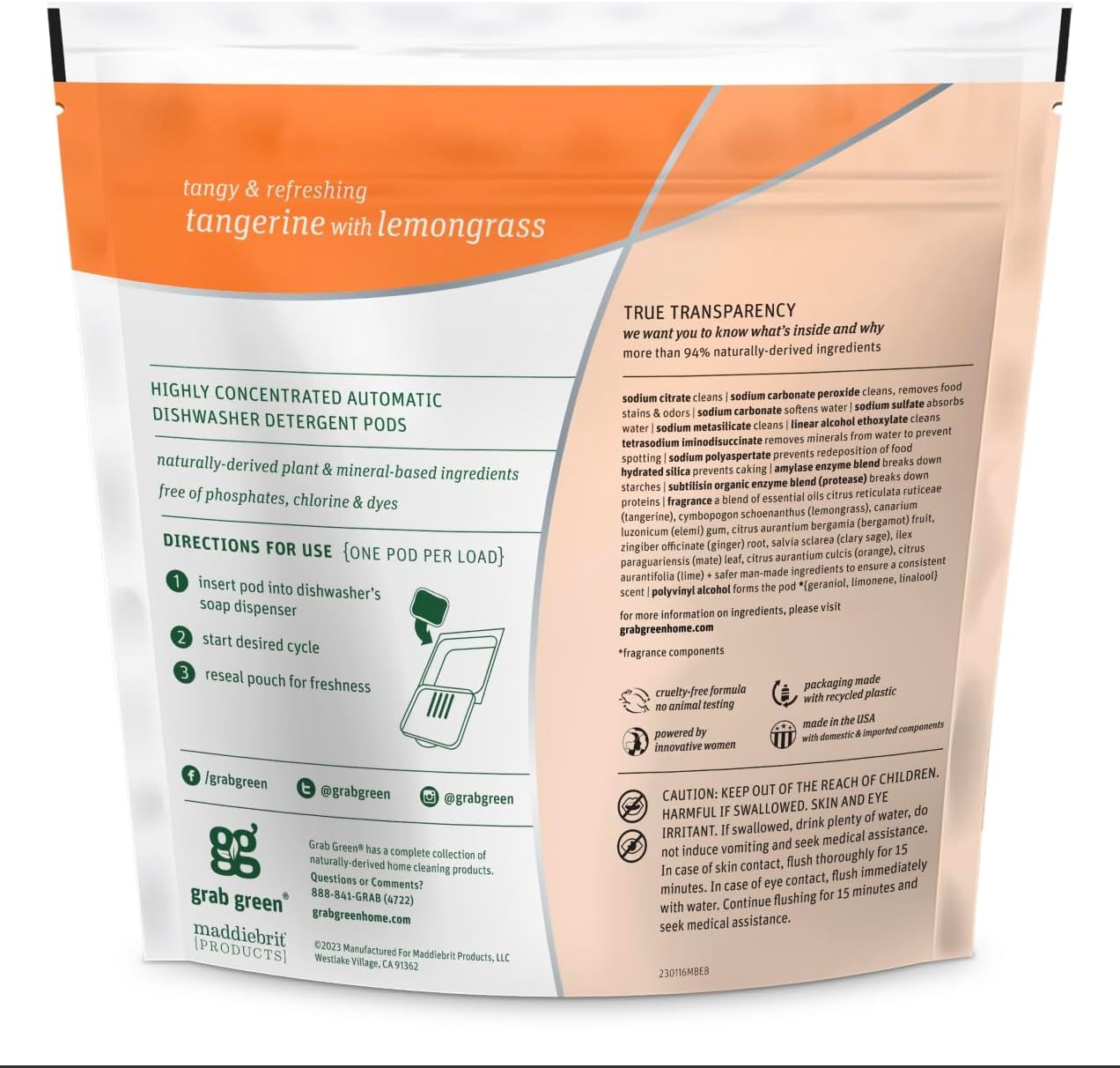 Grab Green Automatic Dishwashing Detergent Pods, 12 Count, Tangerine Lemongrass Scent, Plant and Mineral Based, Superior Cleaning, Powerful Grease Removal, Brilliant Shine