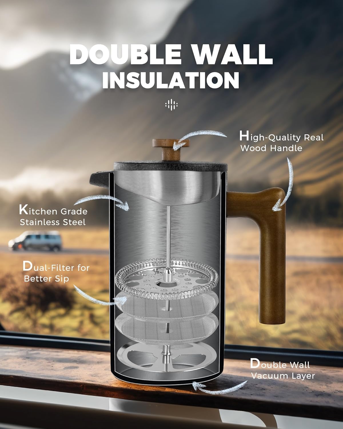 POLIVIAR French Press Coffee Maker, 34 oz Coffee Press with Real Wood Handle, Double Wall Insulation & Dual-Filter Screen, Food Grade Stainless Steel for Good Coffee and Tea JX2023-FPLB