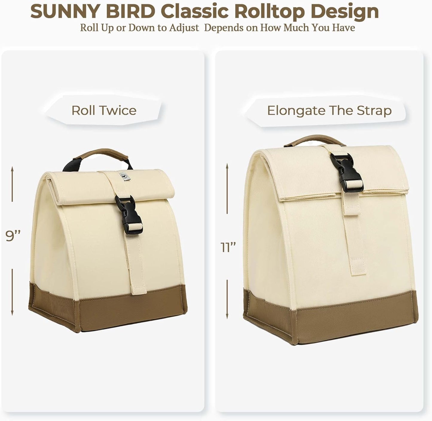 SUNNY BIRD Insulated Lunch Bag Rolltop Lunch Box Medium Lunch Cooler Tote for Women, Girls, Teens and Adults (White)