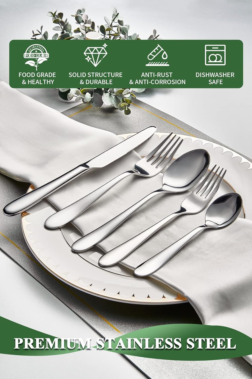 40 Piece Silverware Set for 8, Stainless Steel Flatware Set, Cutlery Sets with Mirror Finish, Dishwasher Safe, Modern Kitchen Forks, Spoons, Knives, Eating Utensil Sets