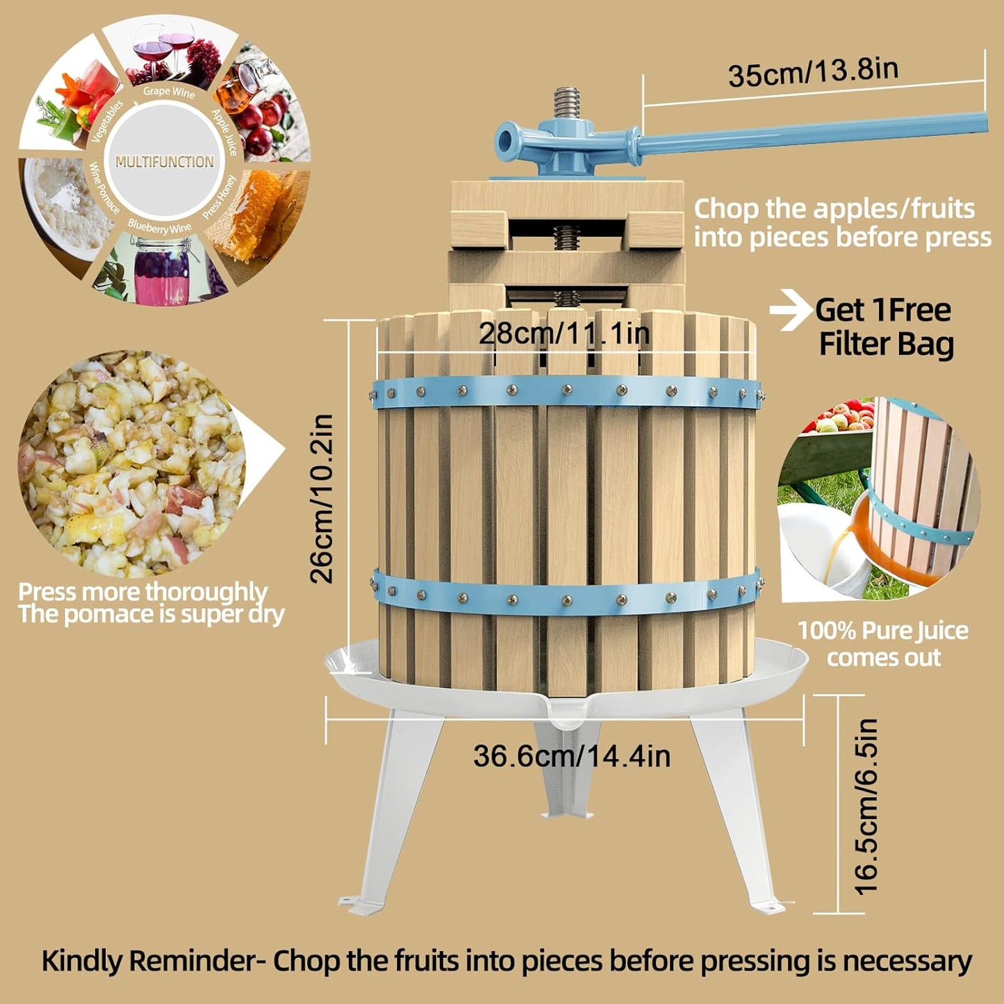 SQUEEZE master Fruit Apple Cider Wine Press-Blue-3.17 Gallon/12L-Solid Wood Basket-Vintage traditional juicer-Pole Handle Bar for Juice,Wine-1 free filter bag included