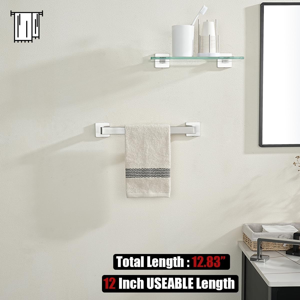 JQK Brushed Towel Bar, Rounded Edges 18.41 Inch Towel Rack, 304 Stainless Steel Bathroom Wall Mount, Useable Length 16 Inch, TB250L16-BN