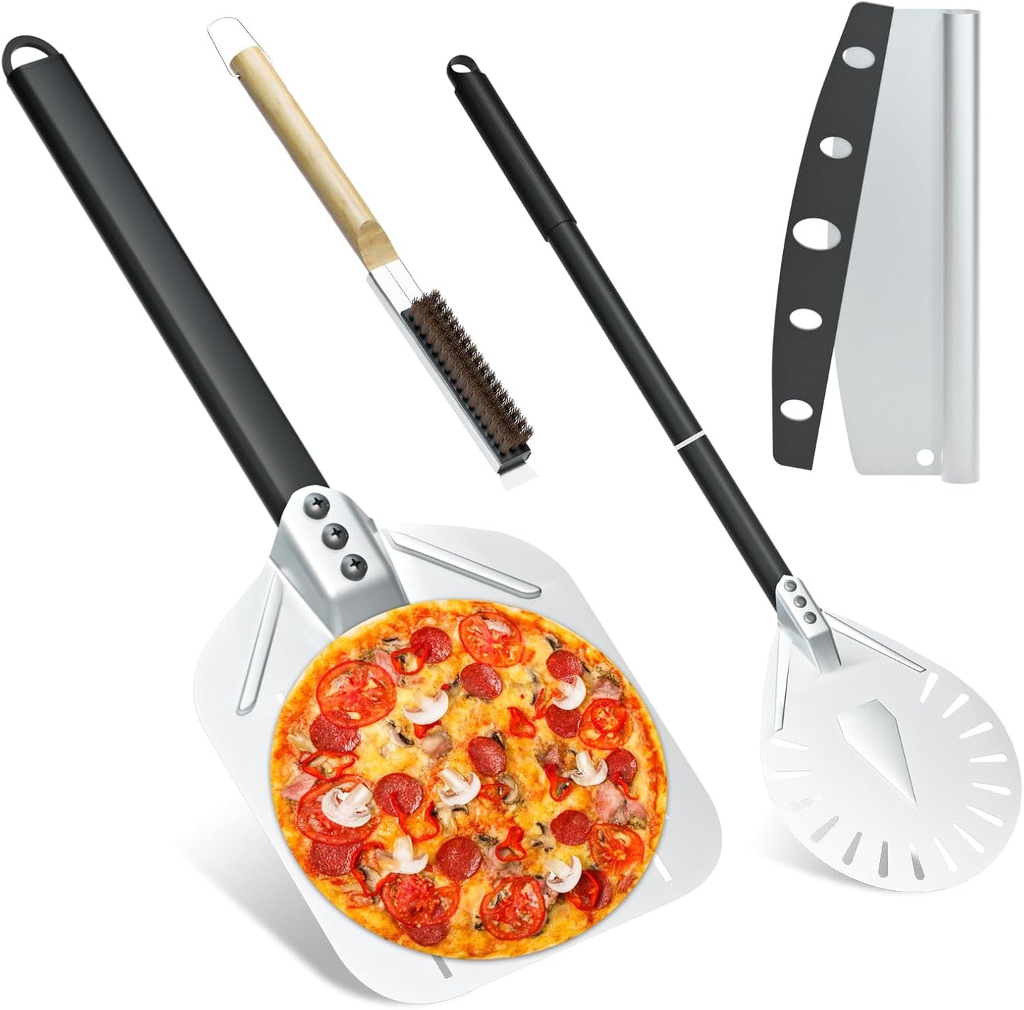 4PCS Pizza Oven Accessories, Yofuly 12 Inch Perforated Pizza Peel, 9 Inch Round Turning Peel, Pizza Stone Cleaning Brush with Scraper, Rocker Cutter, Homemade Pizza Supplies Tools Kit