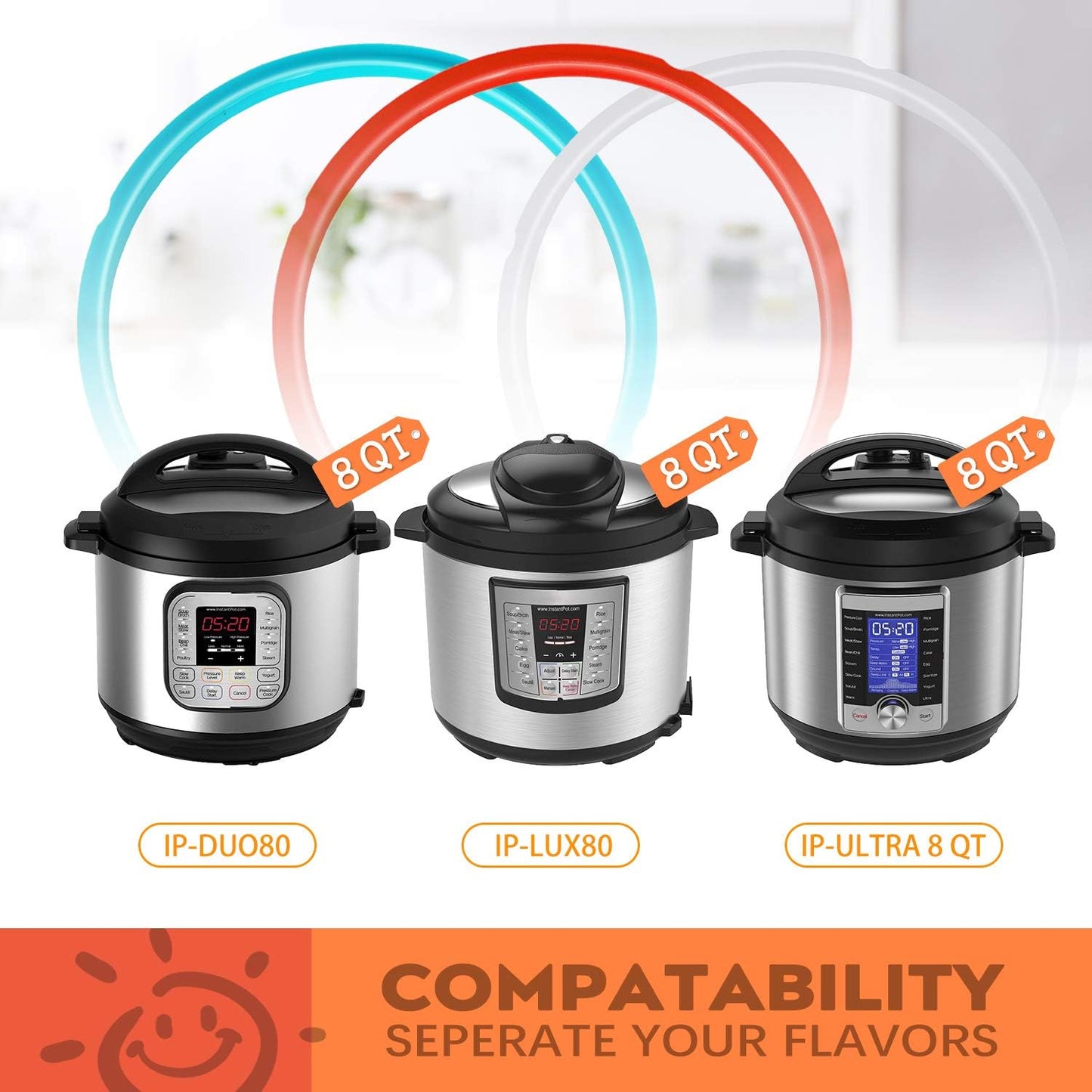 8Qt Silicone Sealing Ring with Steam Release Valve (3-Pack) - Dishwasher Safe Replacement Gasket Fits Select Instant Pot 8Qt Models (Ultra, Viva, Duo Plus, IP-DUO80, IP-LUX80).