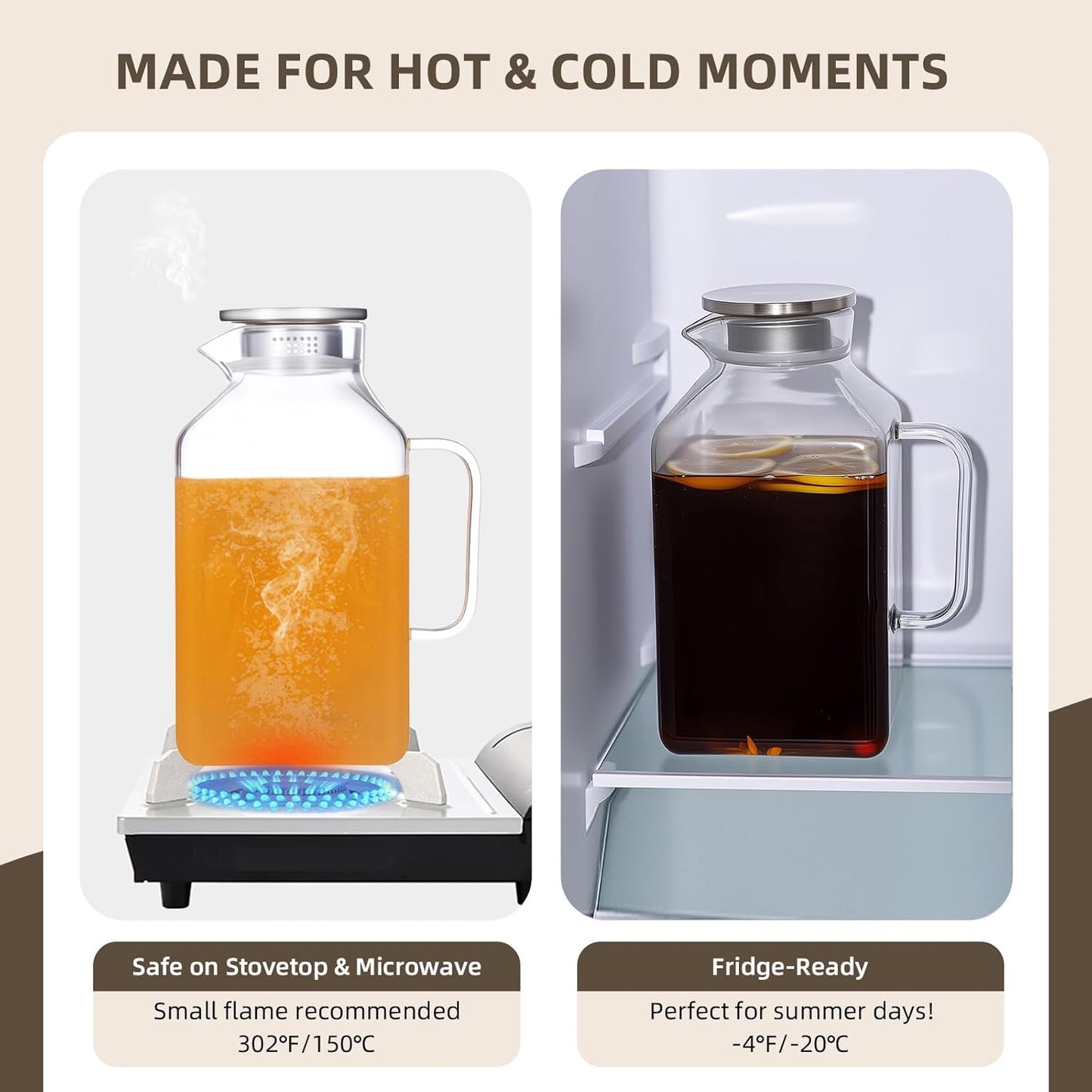 Glass Pitcher, 3.6L Glass Water Pitcher with Tight Stainless Steel Lid, Heat Resistant Borosilicate Glass Carafe, Temperature Safe (MG10)