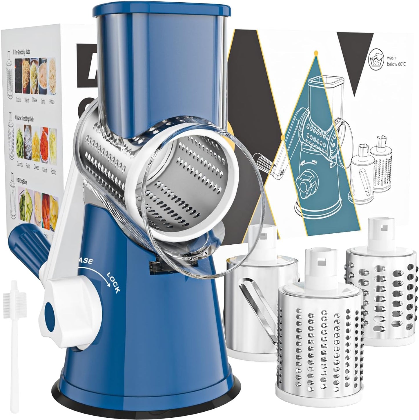 Cambom Rotary Cheese Grater Hand Crank Cheese Shredder for Fresh Cheese, Vegetable, Nuts,Non-slip Suction Base, Free Cleaning Brush Three Blades,Deep Blue