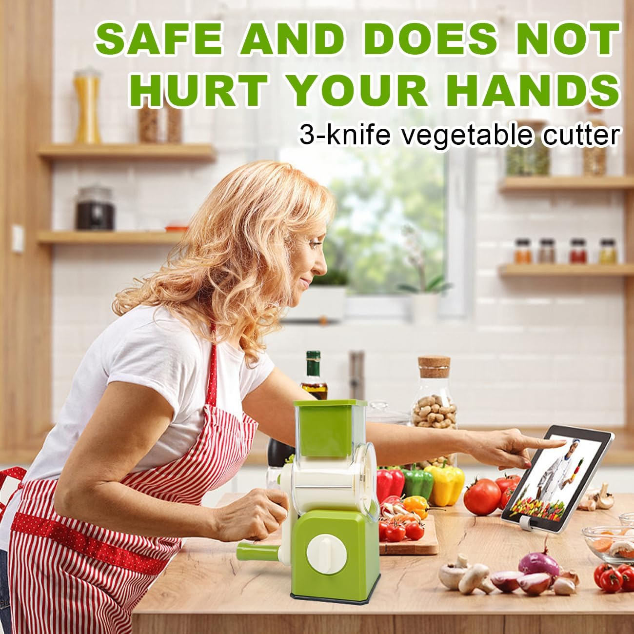 3 in 1 Cheese Grater, Rotary Cheese Grater with Handle for kitchen, Vegetable Slicer with 3 Replaceable Stainless Steel Blades,Peeler and Rubber Gloves (Green)