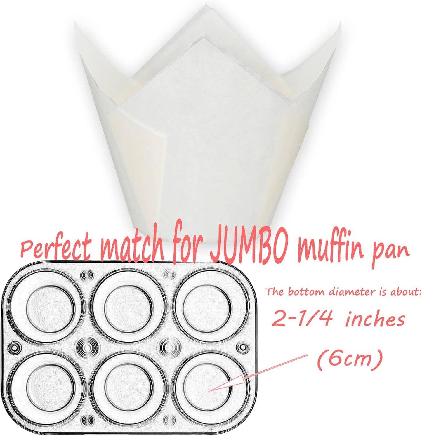 Jumbo Extra Large size White Tulip Baking Cups 2-1/4"(Base diameter) x 3-3/4"(Wall height) Greaseproof paper baking cupcake Muffin liners, Case of 130 pcs