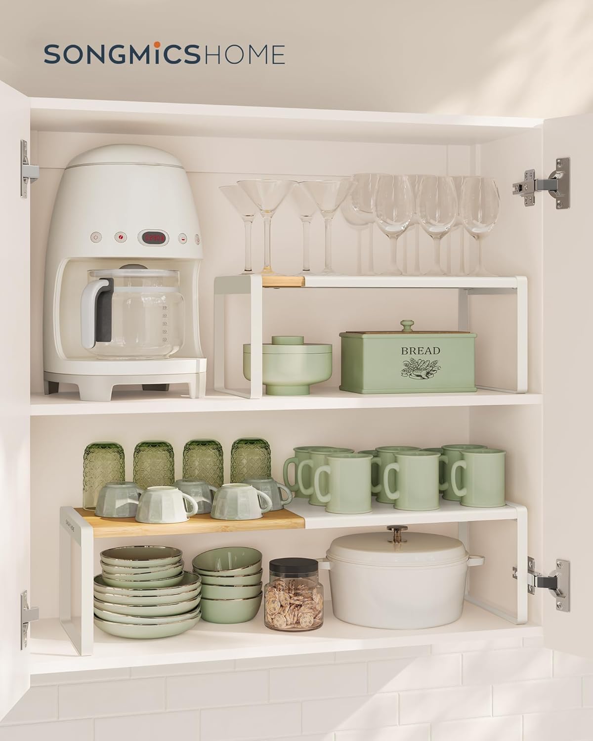 SONGMICS HOME Spice Rack, Expandable Cupboard Shelf Orgnizer, Kitchen Counter Shelf, Bamboo and Metal, Space-Saving Shelving, Stackable, Light Bamboo and Cream White UKCS052W01