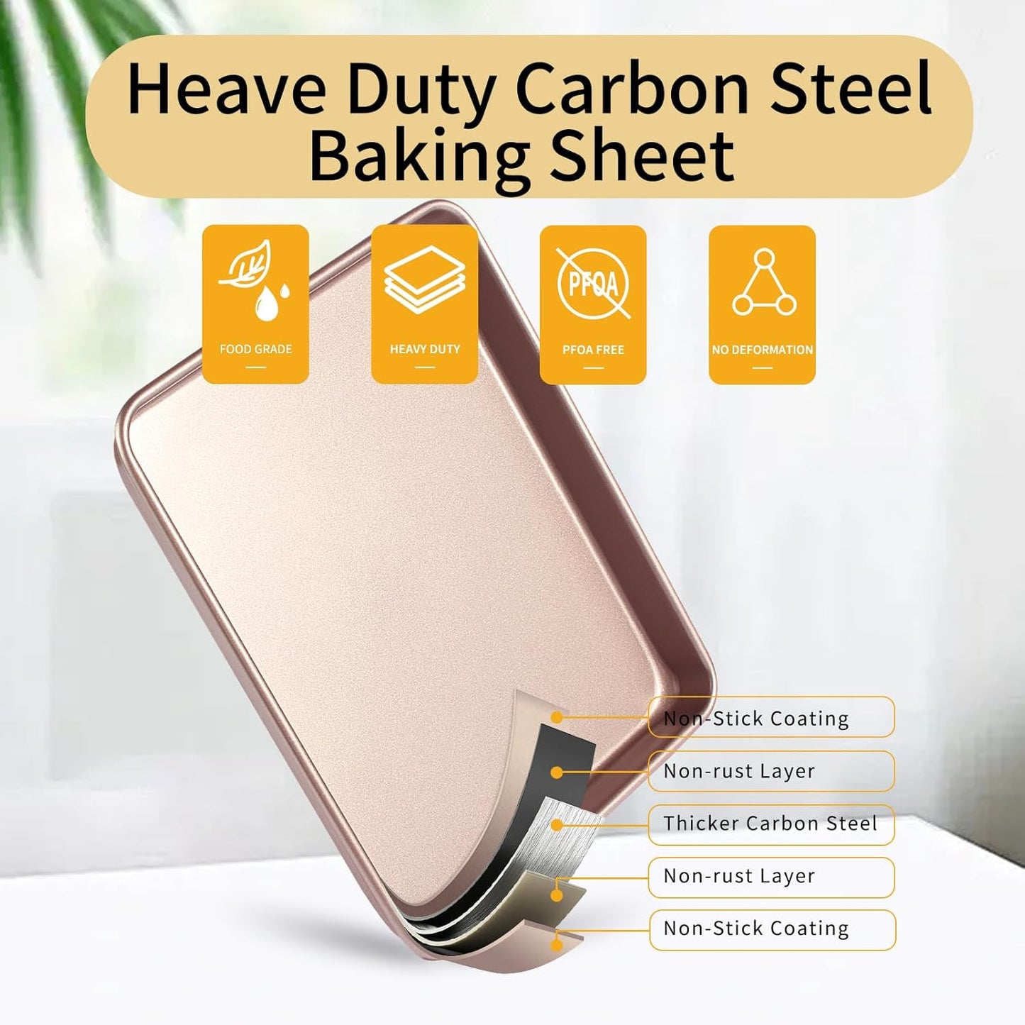 Baking Sheet Tray 9 x 11 Inch Cookie Sheet Nonstick, 2-Pack Heavy Duty Small Baking Pans, Carbon Steel, Gold - Bakeware Sets for Cookies, Roasting, Oven Safe, Easy to Clean