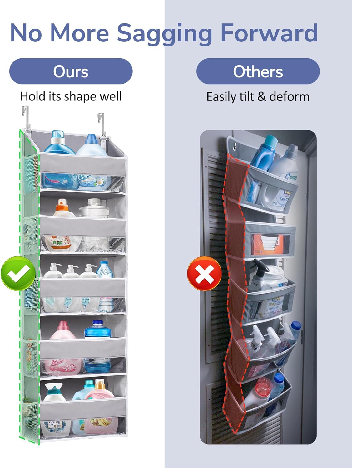 ULG 1 Pack Over Door Organizer with 5 Large Pockets 10 Mesh Side Pockets, 44 lbs Weight Capacity Hanging Storage Organizer with Clear Window for Kids Toys, Shoes, Diapers, Grey, 5 Layer