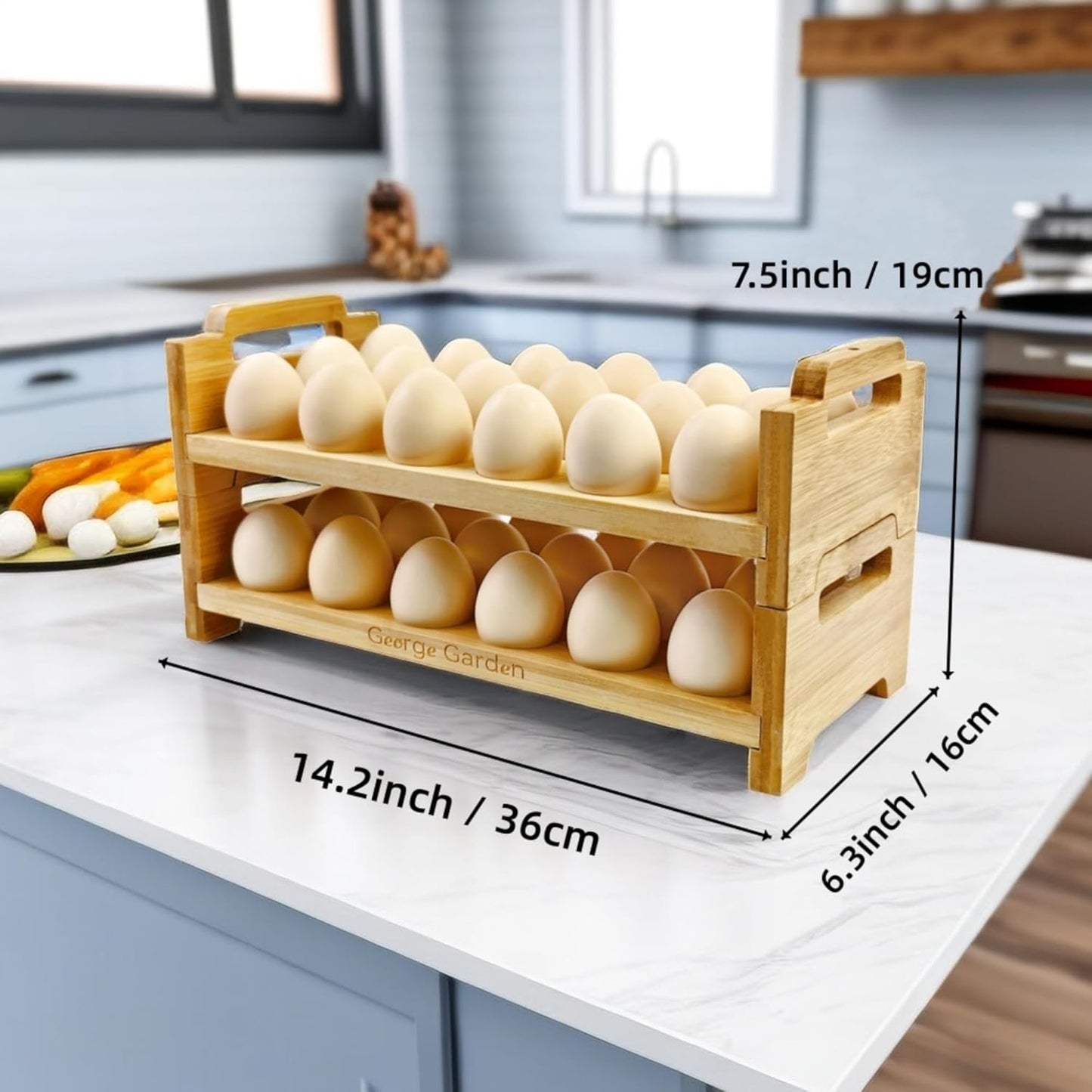 Bamboo Egg Holder Countertop - Stackable Design for 36 Eggs, Farm Fresh Egg Organizer Display Stand, Wooden Chicken Egg Storage Kitchen Counter Top Rack, Fits Duck, Turkey, Chicken Eggs