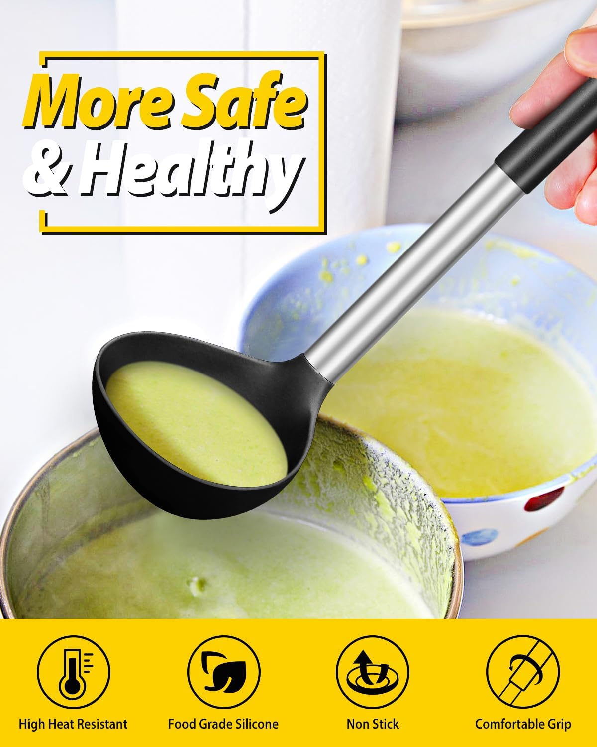 Pack of 2 Ladle Spoon,Silicone Large Spoon for Soup,Non Stick Kitchen Utensils with High Heat Resistant,BPA Free Perfect Kitchen Tools for Cooking, Stirring,Serving Soups (BLACK-KHAKI)