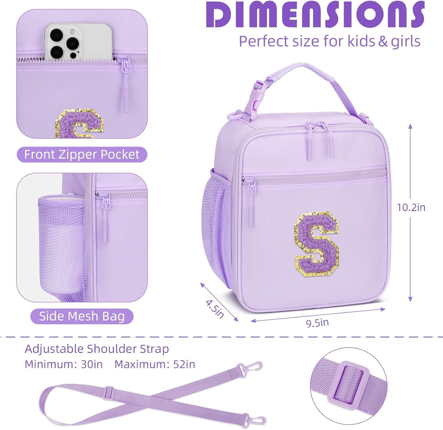 Initial Insulated Lunch Bag for Girls Kids, Back to School Gift, Reusable Leak-proof Lunch Box with Adjustable Strap for School Daycare Travel Picnic (Purple,S)
