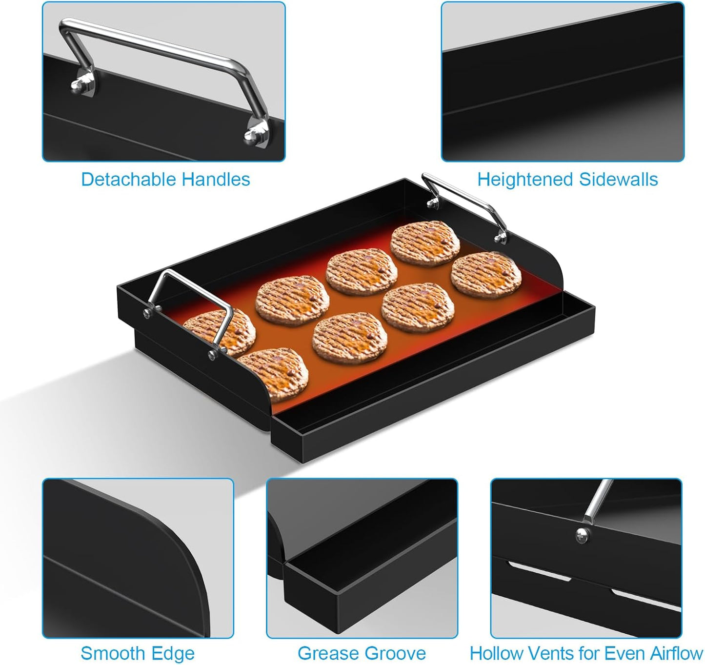 Nonstick Coating Cooking Griddle Insert for Gas Grill, 17" x13" Universal Griddle Flat Top Plate with Removable Handles for Charcoal/Gas Stove/Electric, Large Griddle Plate for Outdoor Grill