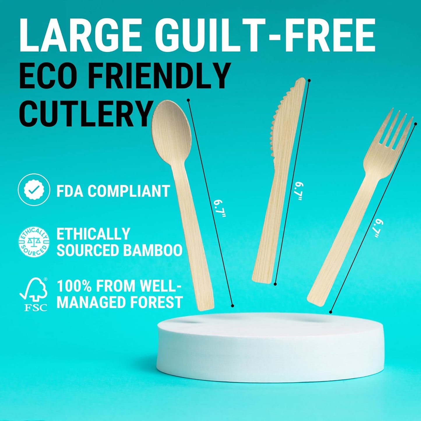Bamboo Cutlery Set 300 Pcs (100 Forks 100 Knives 100 Spoons) Reusable & Disposable Bamboo Utensils Set | Splinter-Free, Sturdy, Compostable Cutlery Set| FSC Certified