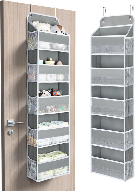 Yecaye 1 Pc Over the Door Organizer with 5 Bins 10 Side Pockets, 44lbs Load Hanging Bathroom and Bedroom Organizer, behind the Door Hanging Organizers for Nursery Newborn Baby Essential Stuff Grey