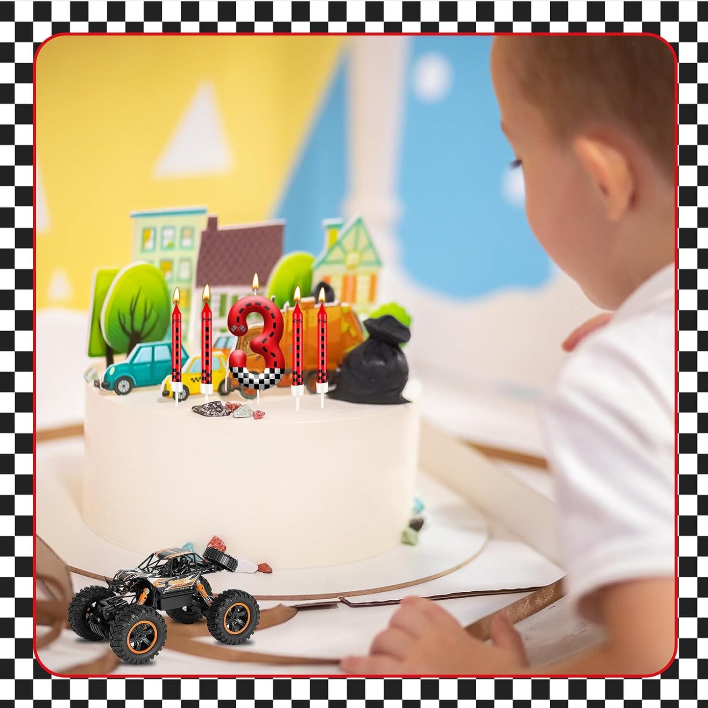 13PCS Racing Car Theme Birthday Candle Set with Checkered Flag Design - Durable Cake Topper for Race Car Party Decorations, Kids Birthday Supplies - Number 3 Candle for Racing-Themed Celebrations