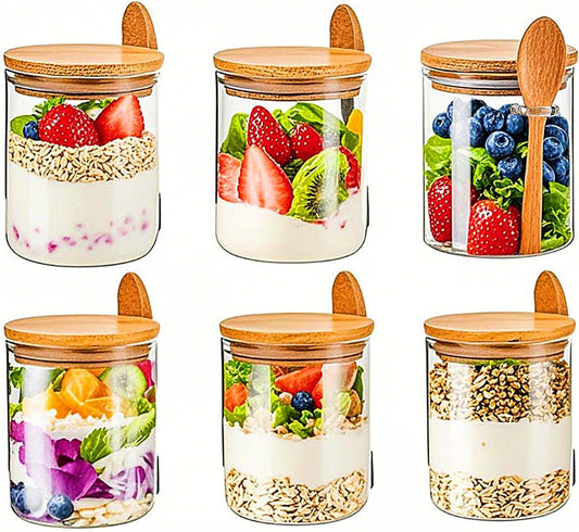 6-Pack 18.5oz Airtight Glass Meal Prep Containers with Lids – Overnight Oats Jars for Coffee, Nuts, Candy, Chia Seed Sugar & Pudding | Leakproof Borosilicate Glass Food Storage Jars