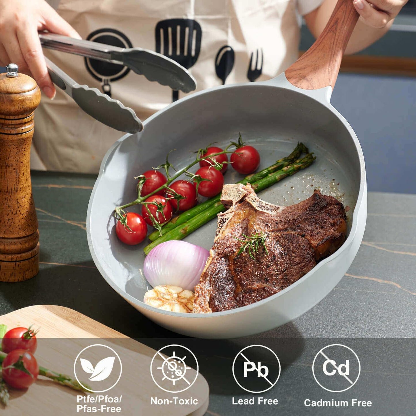 Nonstick Ceramic Frying Pan With Lid, 10 Inches Deep Frying Pan Non Stick Skillet With Pour Spout, Non Toxic Cookware for Stove, Induction, Gas, PB/CD/PFOA Free (White,10 Inches)