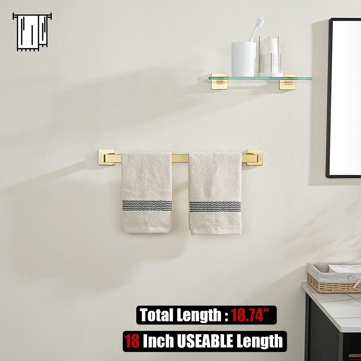 JQK Gold Towel Bar, Rounded Edges 20.41 Inch Towel Rack, 304 Stainless Steel Bathroom Wall Mount, Useable Length 18 Inch, TB250L18-BG