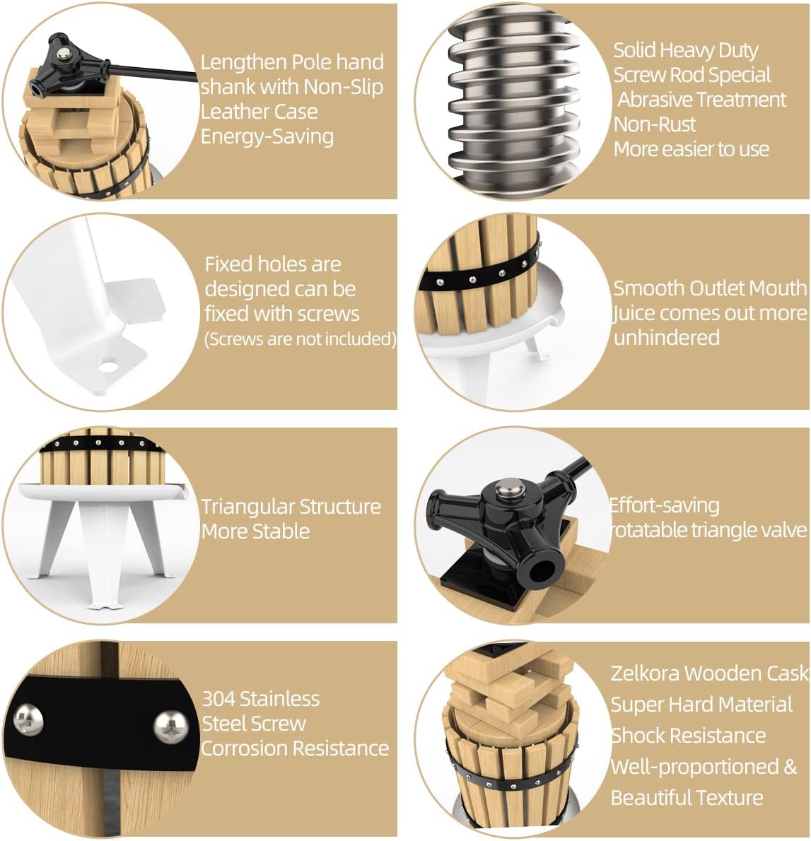 SQUEEZE master Fruit Press-4.75Gallon/18L-Solid Wood Basket Wine Press-Vintage traditional juicer-6 Press Wooden Blocks-Pole Handle Bar for Juice,Wine,Cider-1 free filter bag included