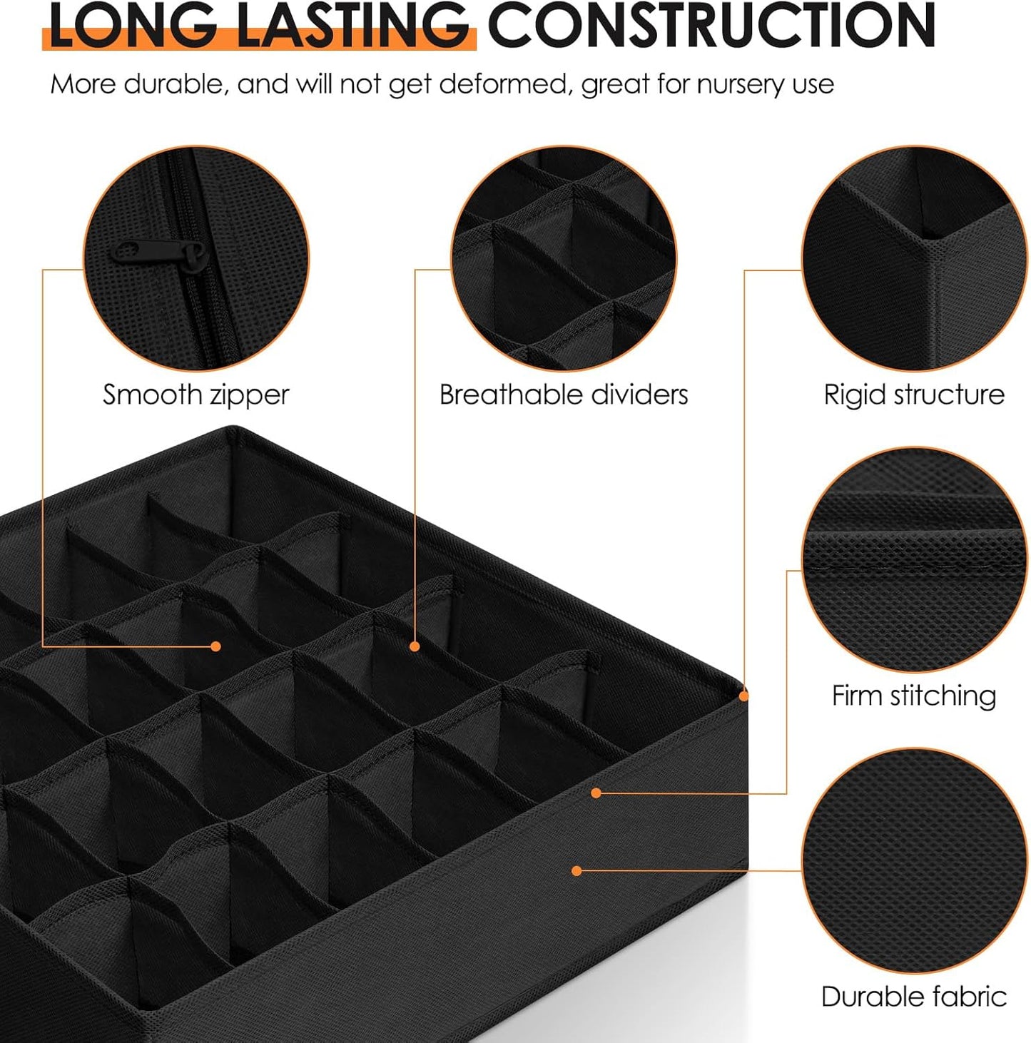 Drawer Organizer Clothes, 8 Pack Dresser Organizer Bins for Baby Clothes, Underwear Sock, Fabric Closet Organization and Storage Dividers for Nursery Bedroom (48 Compartments, Black)