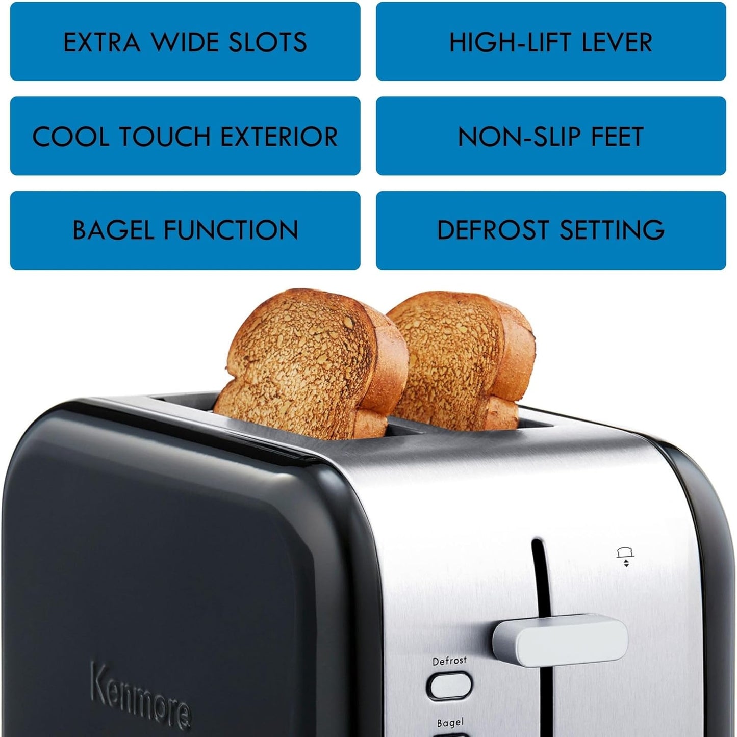 Kenmore toaster 2 slice - extra wide slot countertop kitchen appliance, defrost function, tostador de pan, 9 shade settings, compact design, easy clean crumb tray, bread bagel, stainless steel & black