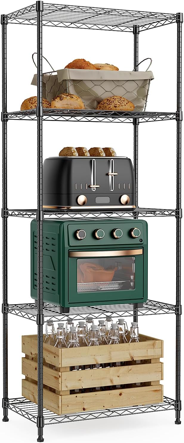 1250 lbs 5 Tier Shelf Metal Storage Shelves Wire Rack Closet Organizers with Wheel for Garage Kitchen Bathroom Laundry Black 13.7" D x 23.6" W x 62.4" H