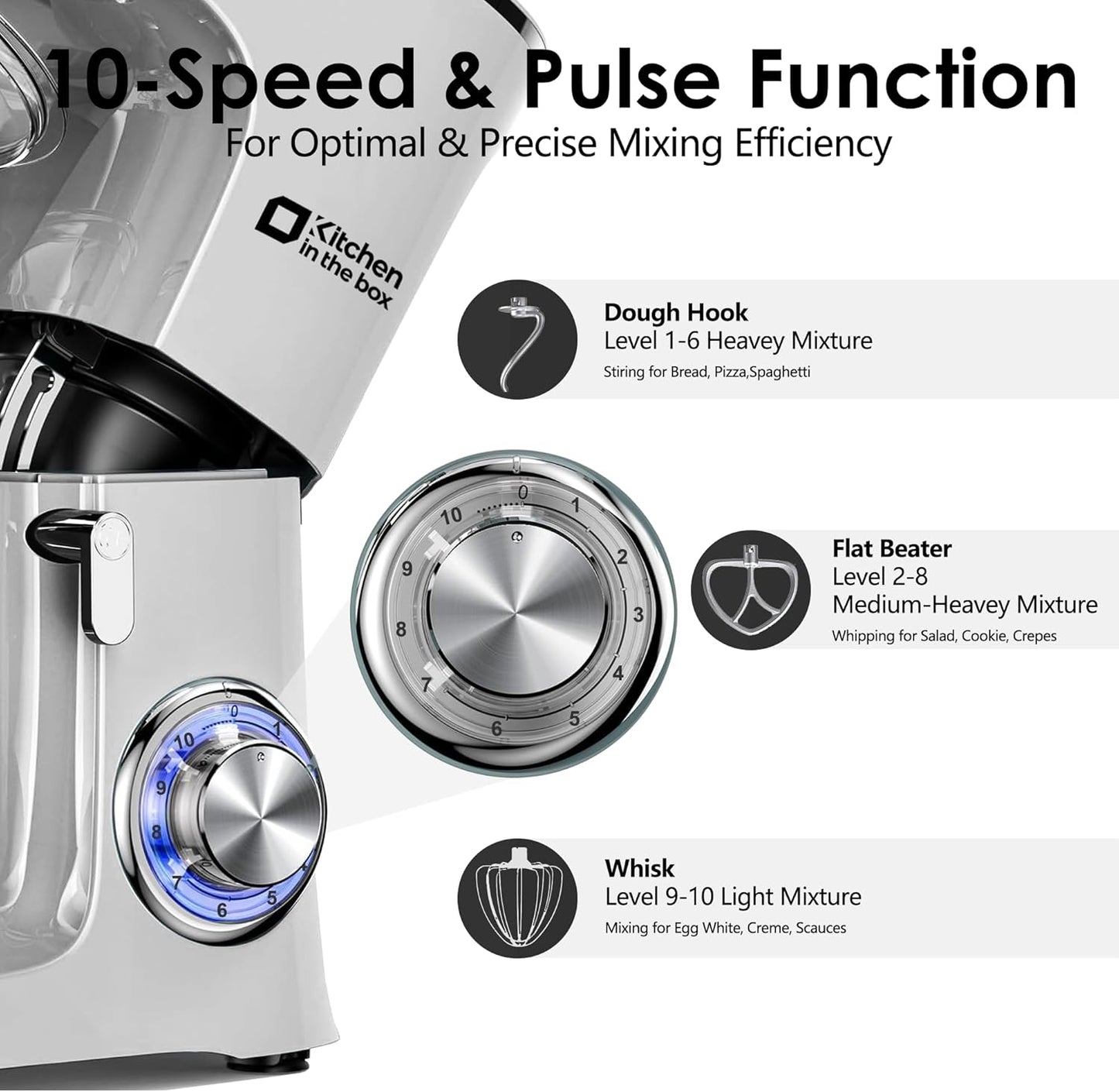 Kitchen in the Box Stand Mixer, 900W 8.5 QT Kitchen Electric Mixer, 10-Speed Large Capacity Tilt-head Food Mixer with Dough Hook, Wire Whip, Flat Beater & Splash Guard (Silver)
