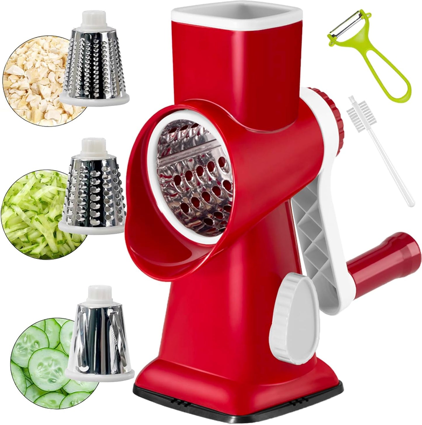 Rotary Cheese Grater Multi-Purpose Stainless Steel Cheese Shredder - Cheese Grater With Handle Effortless Grating of Carrots, Potatoes, Vegetables, and Fruits (Red)
