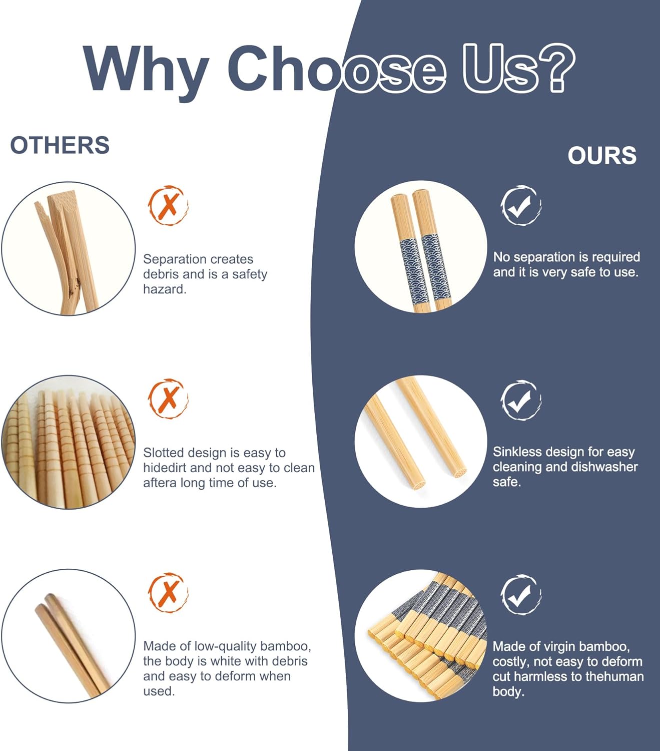 50 Pairs Bamboo Chopsticks Disposable | Separated | Reusable | Dishwasher Safe- （9.45in）