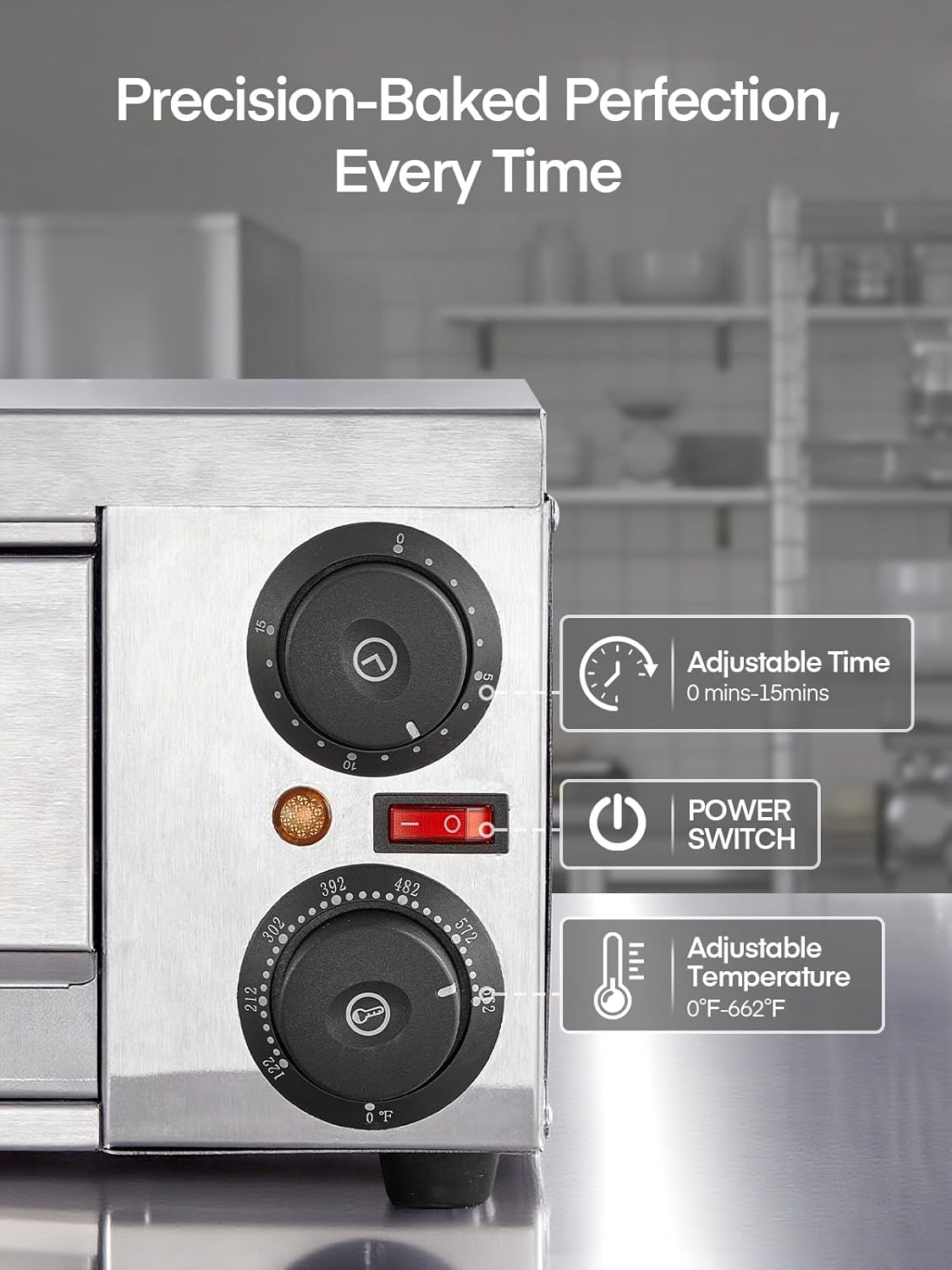 Commercial Pizza Oven, 12 Inch Countertop Pizza Ovens with 662°F Max Temp, Electric Pizza Cooker with Alert Timer, 1500W Stainless Steel Pizza-Maker Machine, for Restaurant, Home, Party, Silver