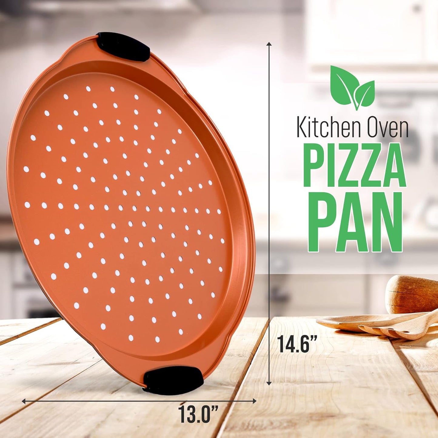 NutriChef 13-Inch Nonstick Pizza Tray - Round Carbon Steel Non-Stick Pizza Baking Pan with Perforated Holes, Premium Bakeware Pizza Screen with Silicone Grip Handles, Dishwasher Safe - Copper