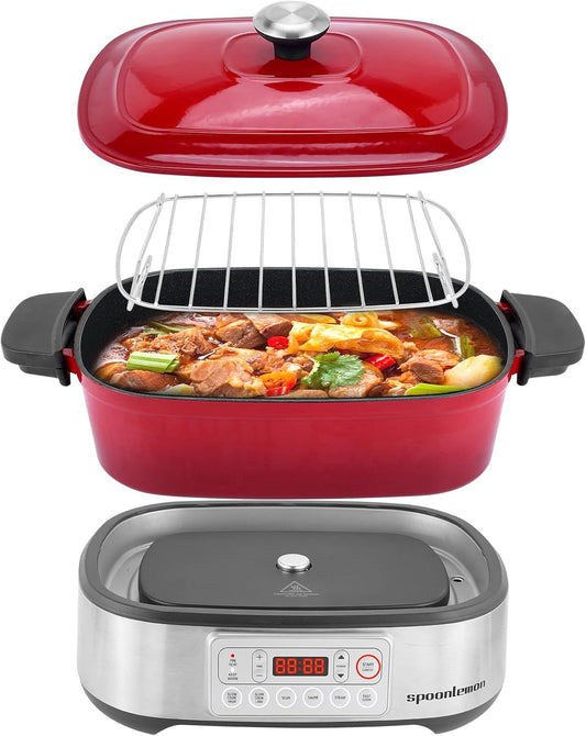 Electric Dutch Oven Multi-Cooker 6-in-1, 5.8QT Enameled Cast Iron Pot - Oven Safe Pot to 392℉, 1250W Fast Heating, 6 Preset Functions- Slow Cook, Sauté, Sear, Steam, Fast Cook, Keep Warm
